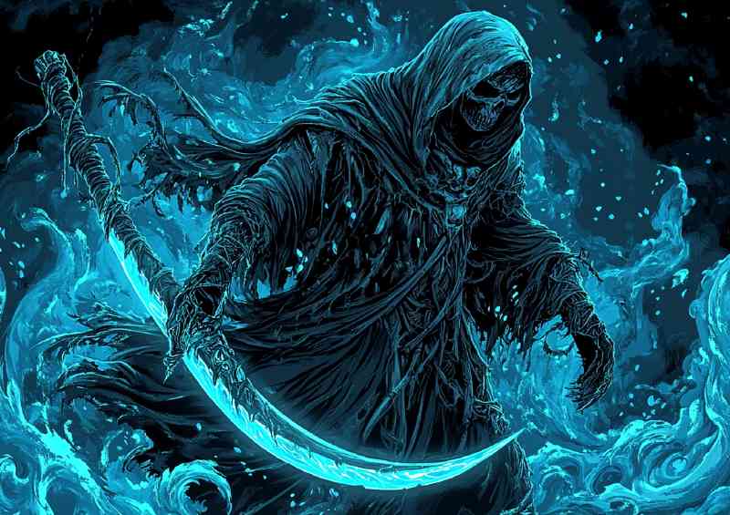 Reaper with blue scythe glowing | Di-Bond