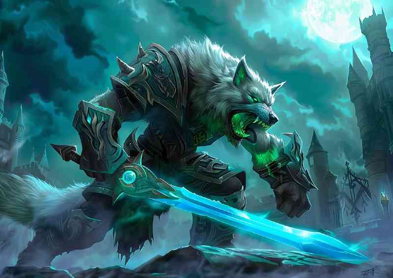 Snarling white wolf with green sword | Metal Poster