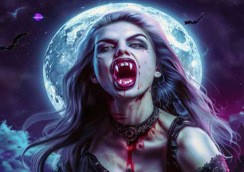 Vampire woman with fangs showing full moon | Di-Bond