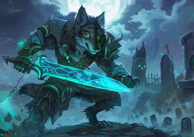 Wolf with glowing green eyes wearing fantasy armor | Di-Bond