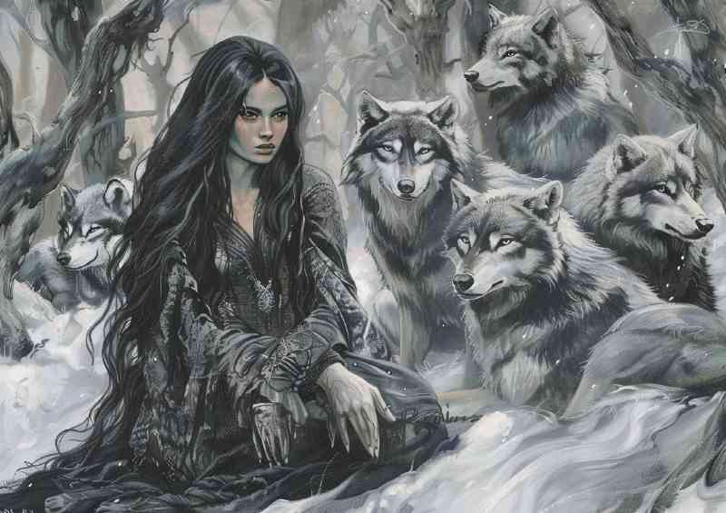 Woman long dark hair and the pack of wolves | Di-Bond