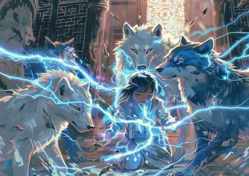 Young girl surrounded by white protecting wolves | Metal Poster