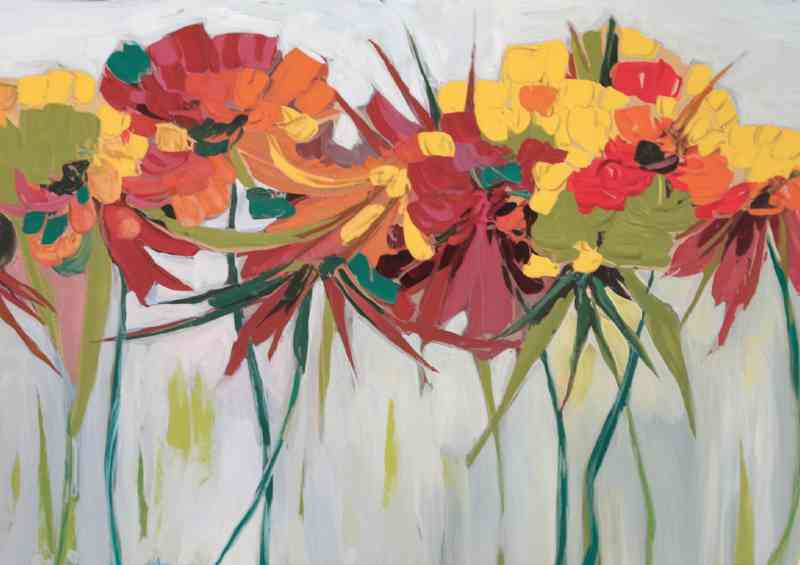 Colourful and vibrantly painted row of flowers | Canvas