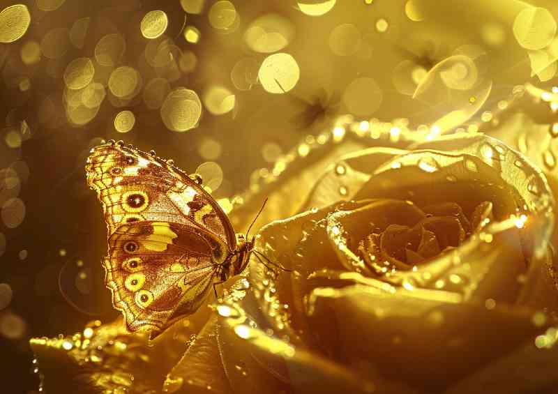 Golden water droplets on a rose | Metal Poster