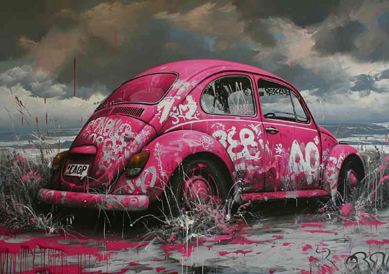Painted pink car in the sea | Poster