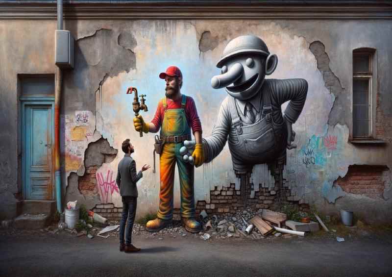 Whimsical plumber in attire red cap abstract | Metal Poster