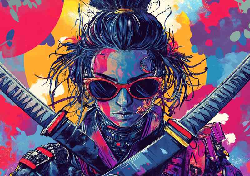 Cyberpunk samurai woman double swords | Metal Poster