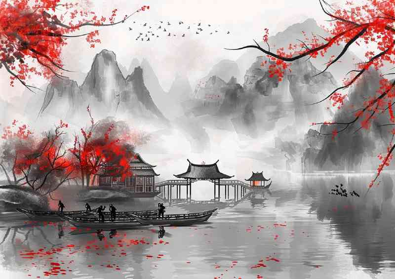 Chinese ink cherry blossom on the lake | Metal Poster