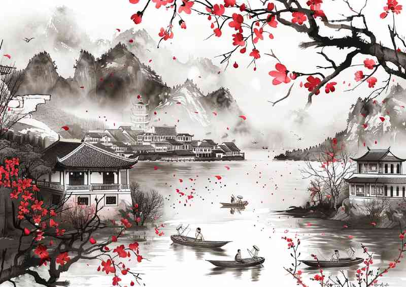 Chinese ink life of fishing | Metal Poster