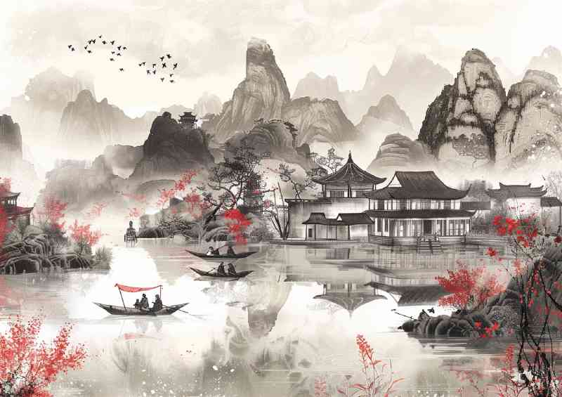 Chinese ink mountains and fishing | Poster