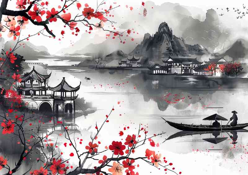 Chinese ink rowing boat on the lake | Poster