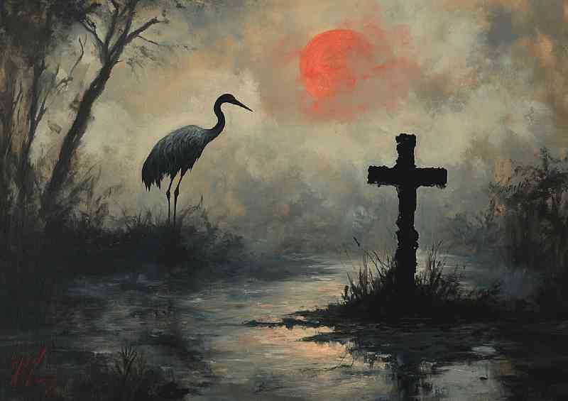 The Crane by the lake in fog | Poster