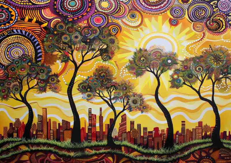 Beautiful painting of the sun setting over an urban town | Canvas