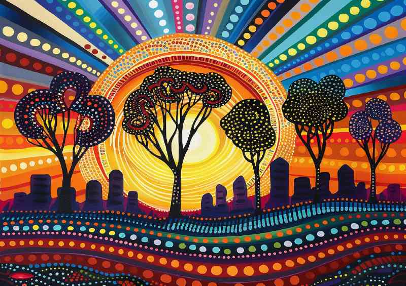 Beautiful painting of the sun setting over urban | Canvas