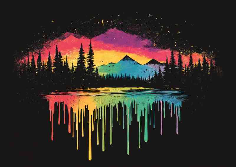 The painted dripping lake with mountains colours | Poster