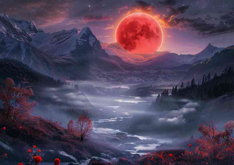 The red moon hangs in the sky surrounded by fog | Poster