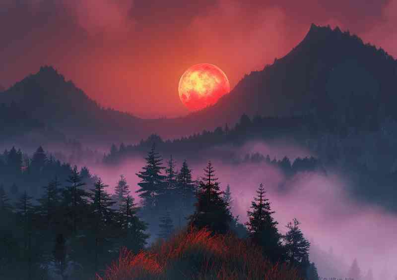 The red moon on a foggy day | Metal Poster