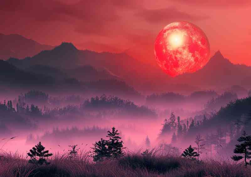 The red moon shines on the foggy mountain | Metal Poster