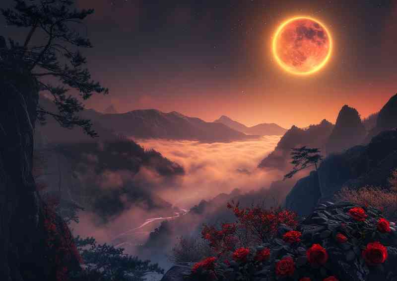 The red moon with rigs over the mountains | Di-Bond