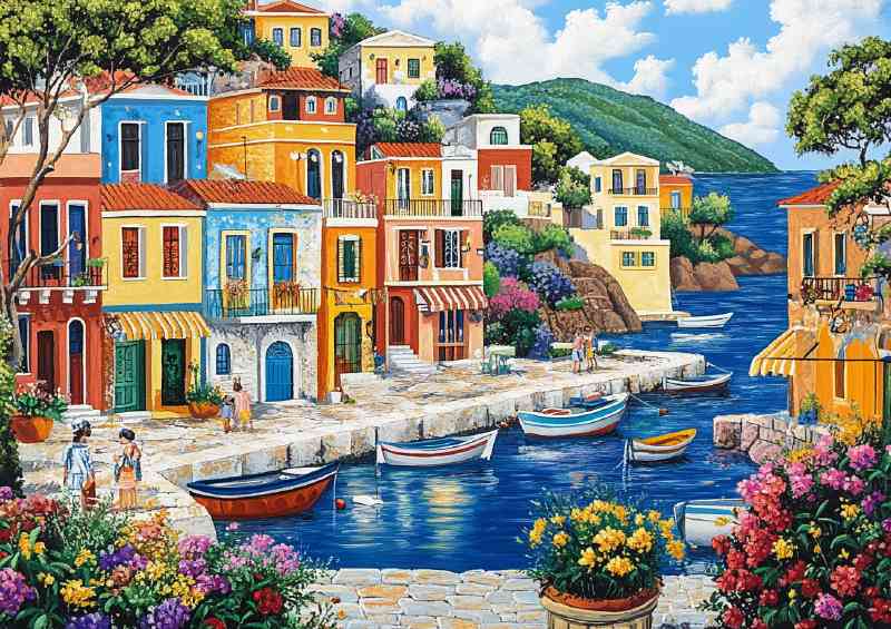 Mediterranean coastal town fishing boats | Metal Poster