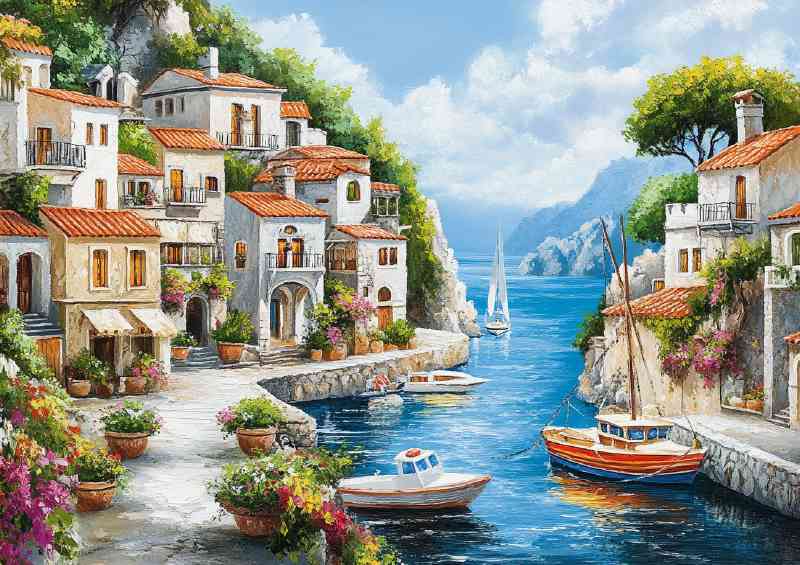 Picturesque scene depicts a Mediterranean coastal village | Canvas