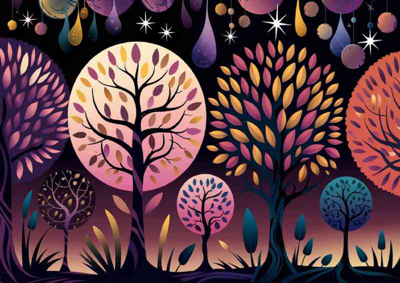 Dreamy illustration dark background trees | Di-Bond