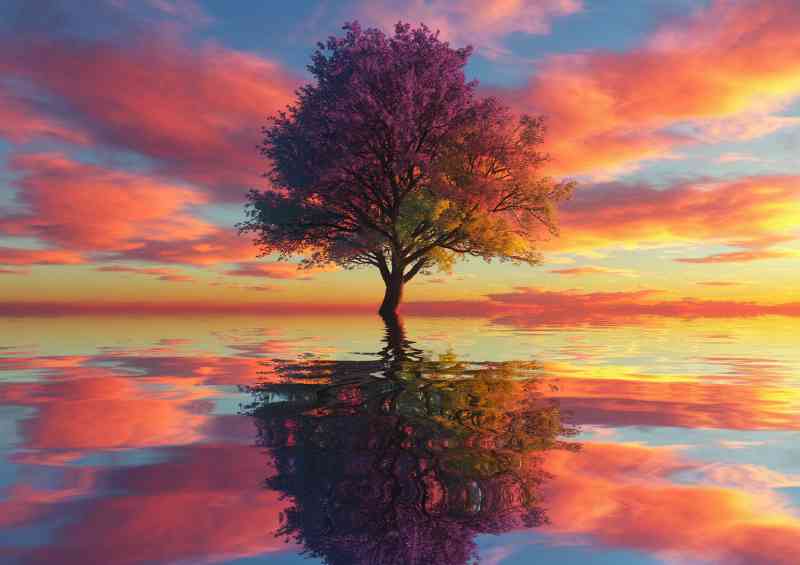 Dreamy landscape of a vibrant tree reclection | Metal Poster