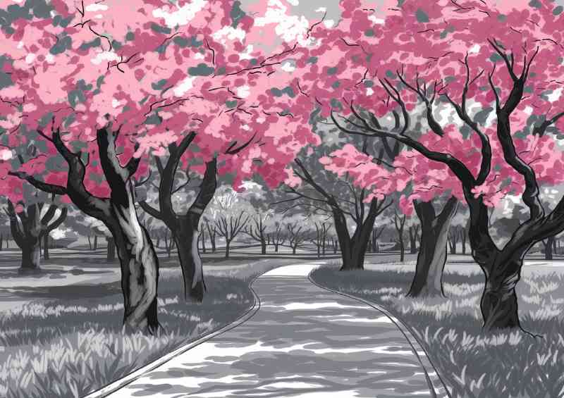 Painted park in a pink blossom pathway | Canvas