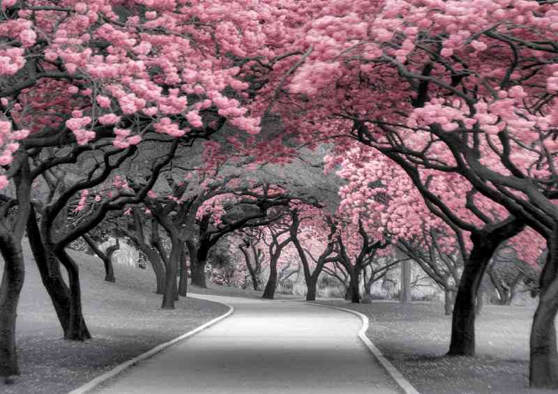 Serene park setting dominated by pink blossom trees | Metal Poster