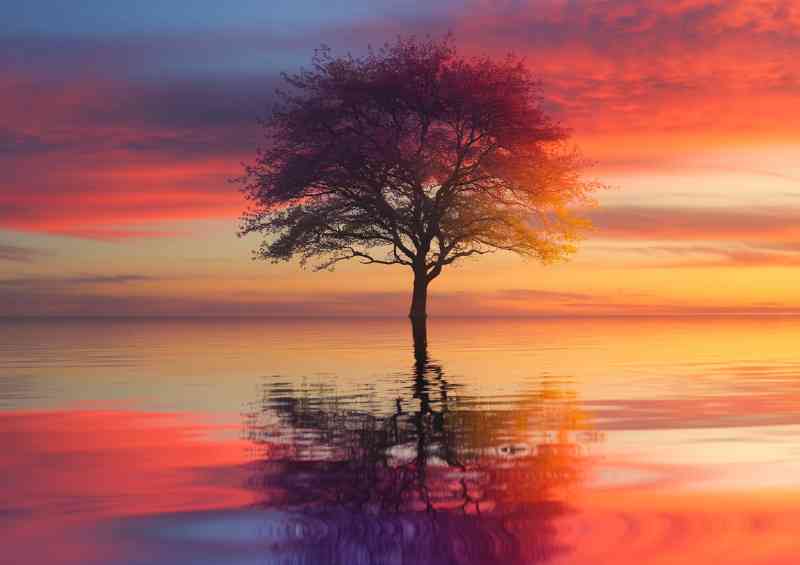 Setting sky with the reflective tree in the lake | Metal Poster