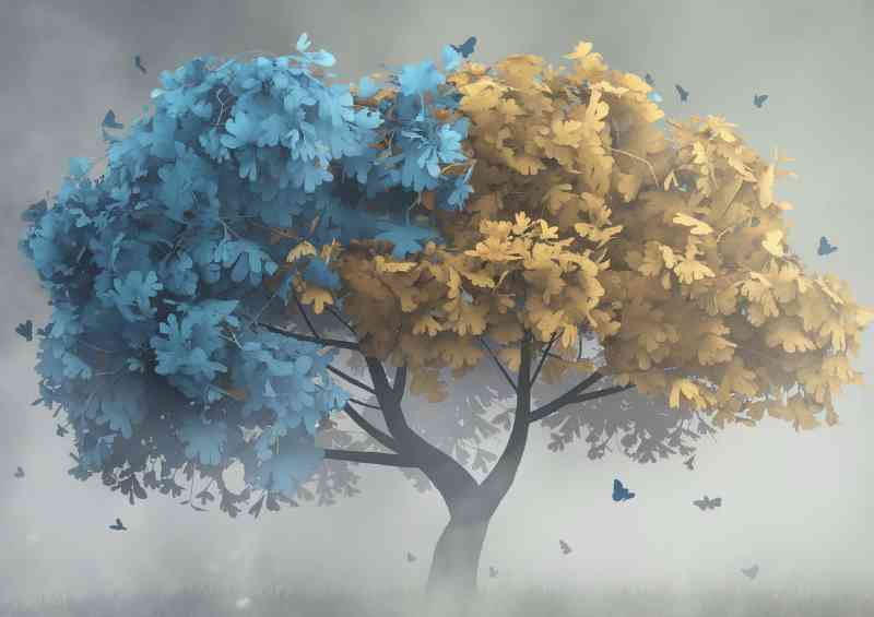 The serene blue and yellow tree in mist | Metal Poster