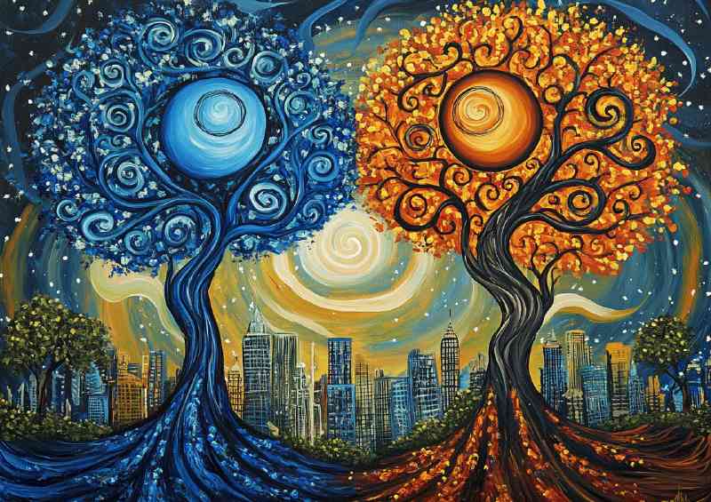 Two yin yang trees one blue and the other orange | Metal Poster