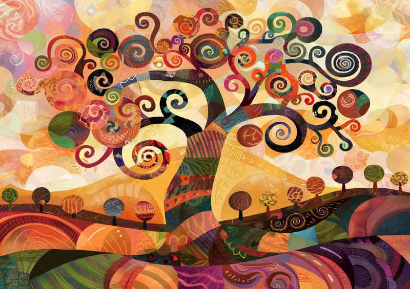 Whimsical tree with swirls and spirals in the field | Di-Bond