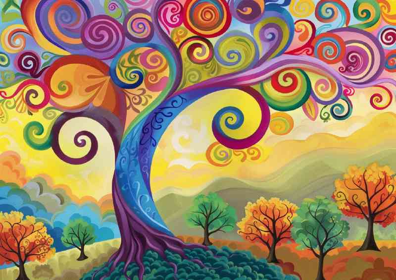 Wimsical colourful tree on the hills | Poster