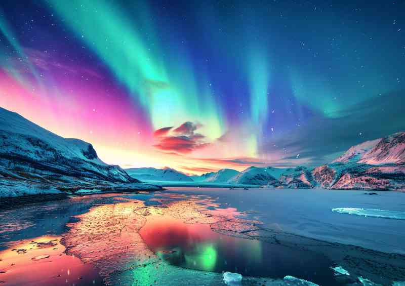 Stunning view of the Northern Lights over snow | Metal Poster