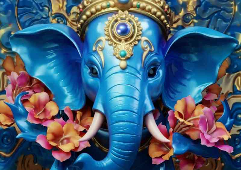 Majestic blue elephant adorned with flowers | Poster