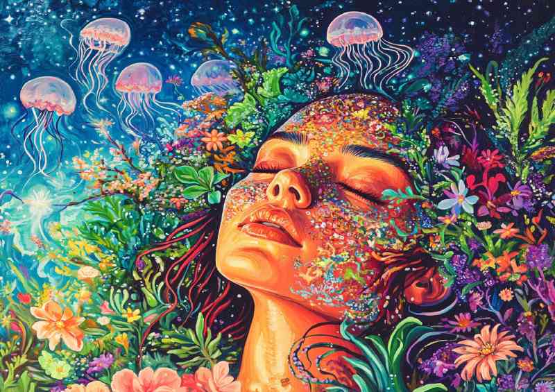 Colorful painting of an angelic woman | Metal Poster