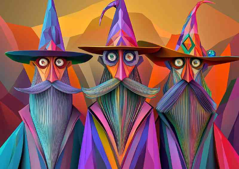 Three magicians with long beards and wide hats cubist | Di-Bond