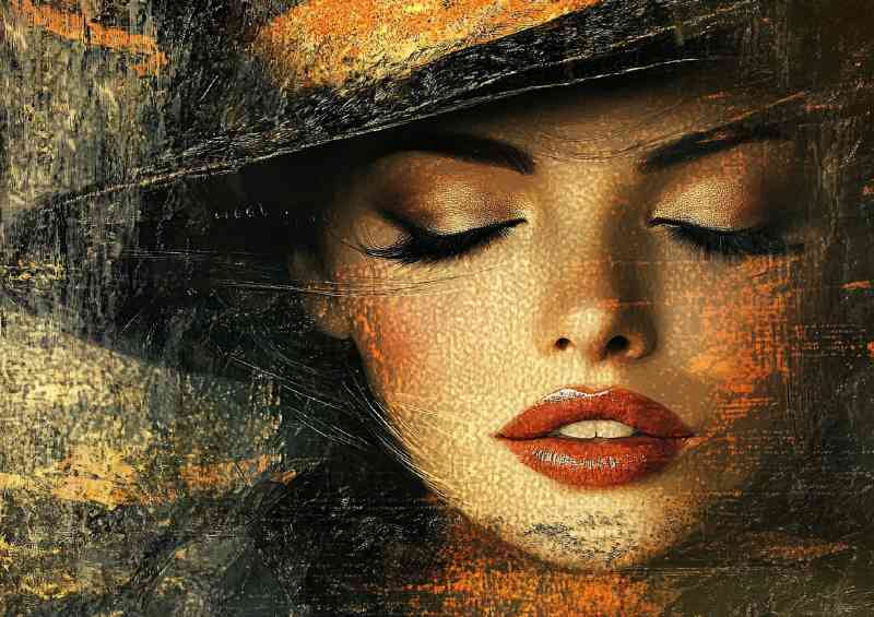 Woman with closed eyes red lips wearing an elegant hat | Canvas