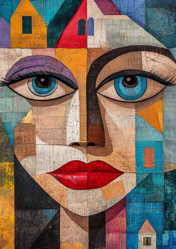 Abstract art face woman with red lips and big eyes | Canvas
