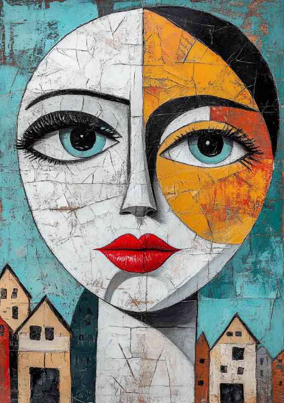 Abstract art face woman with red lips and big eyes in city | Di-Bond