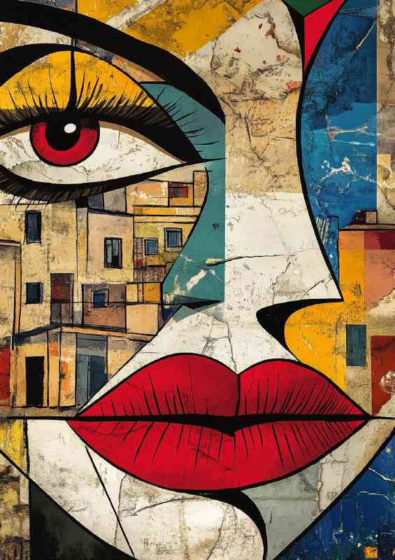 Abstract art face woman with red lips city living | Canvas