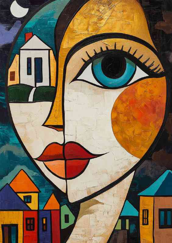 Abstract cubist painting of face with houses | Metal Poster