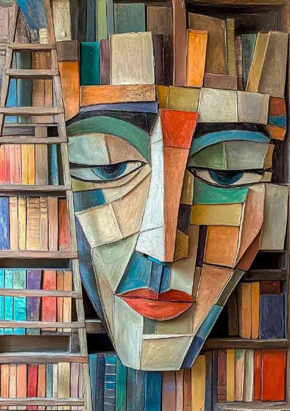 Abstract face made of books with ladders and shelves | Metal Poster