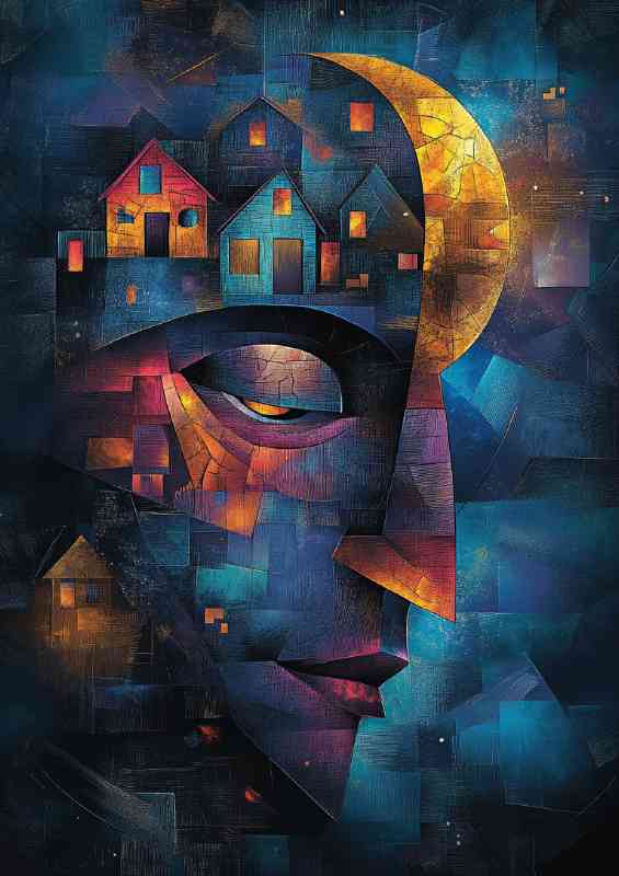 Abstract face with houses and moon in the background | Canvas