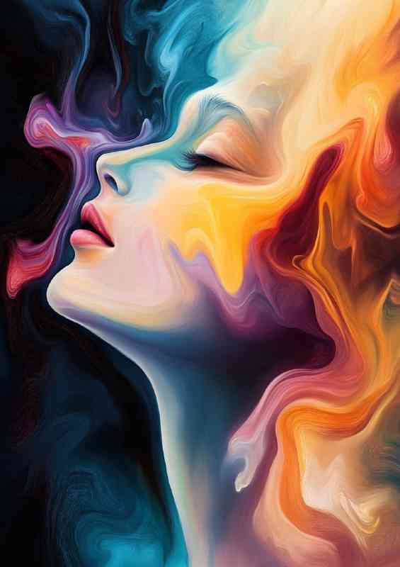 Abstract painting of a face with a colorful liquid background | Poster