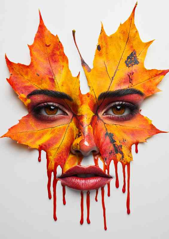 Beautiful face made of two orange leaves dripping | Canvas