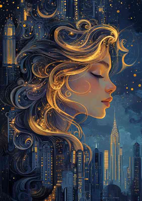Beautiful girl with flowing hair a cityscape | Di-Bond