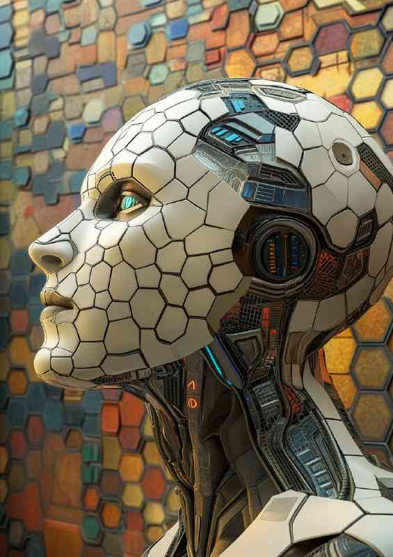 Digital art piece of an AI humanoid with a hexagonal shapes | Metal Poster