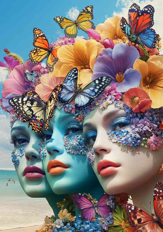 Faces with flowers and butterflies beautiful | Di-Bond